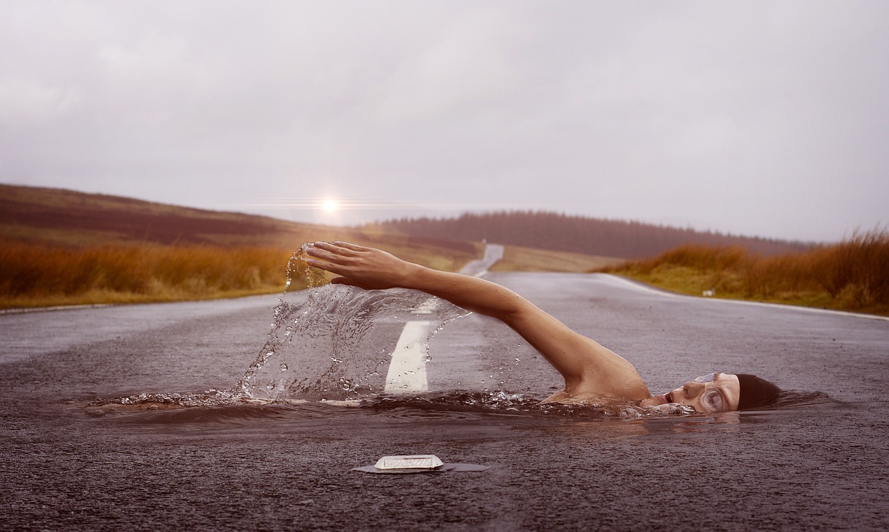 swimmer, swim, road